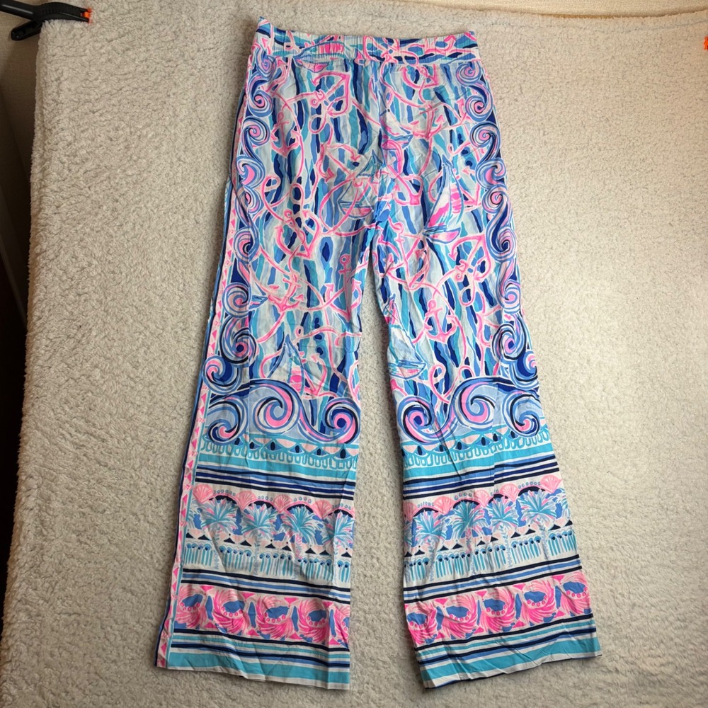 Lilly Pulitzer Bal Harbour Palazzo Pants Blue Pink Tropical Print Rayon womens M - Picture 4 of 8